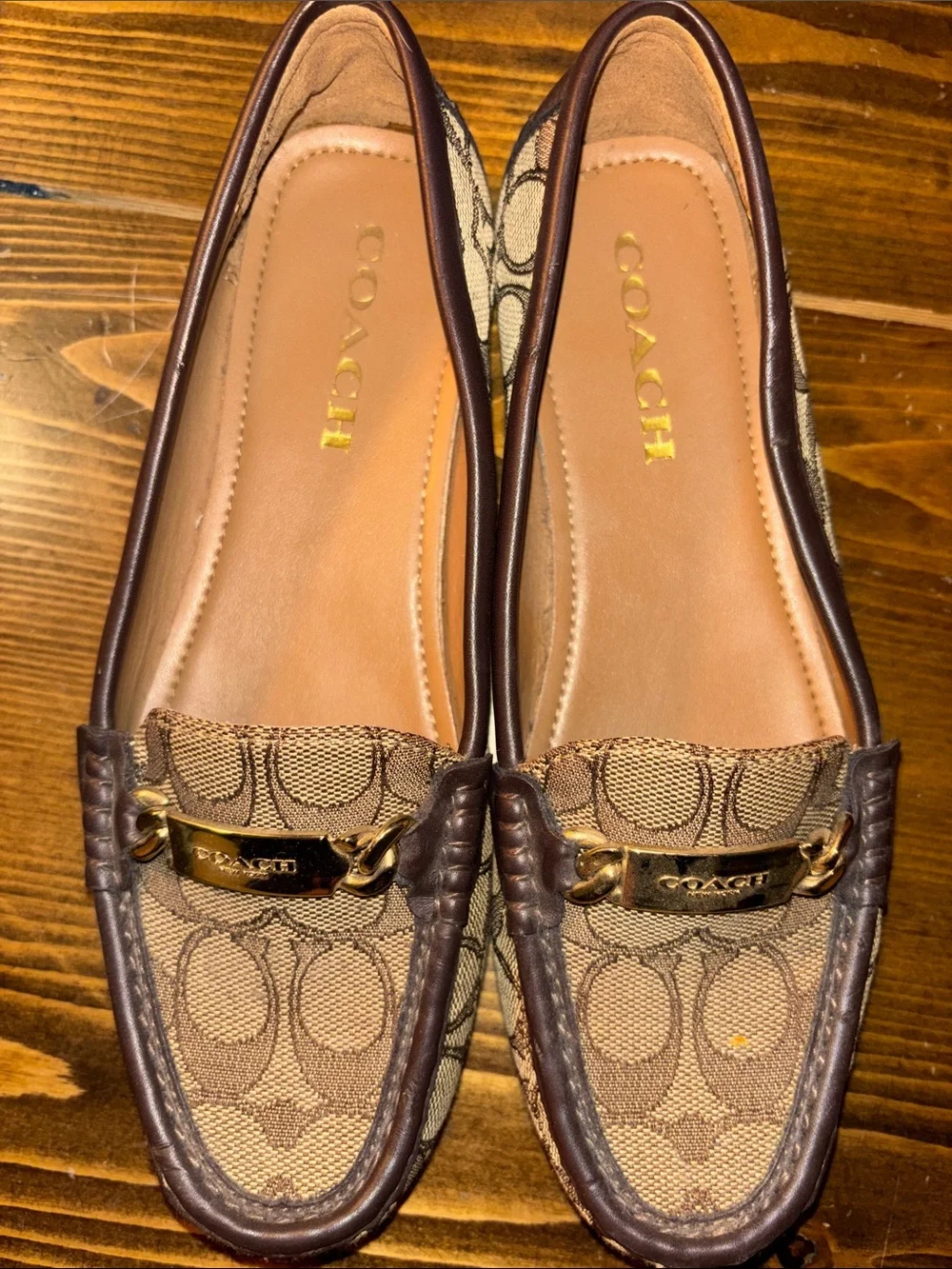 Coach Tan and Brown Signature Canvas Loafers with Gold Plaque